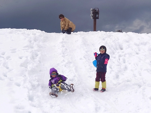 雪が積もった芝生広場でのそり遊び